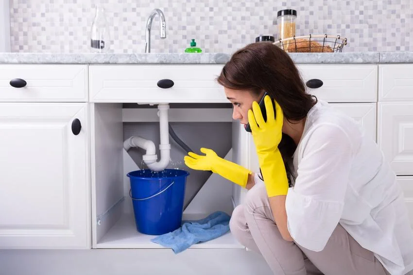 una mujer tratando de arreglar las fugas de agua de sus tuberías del lavabo